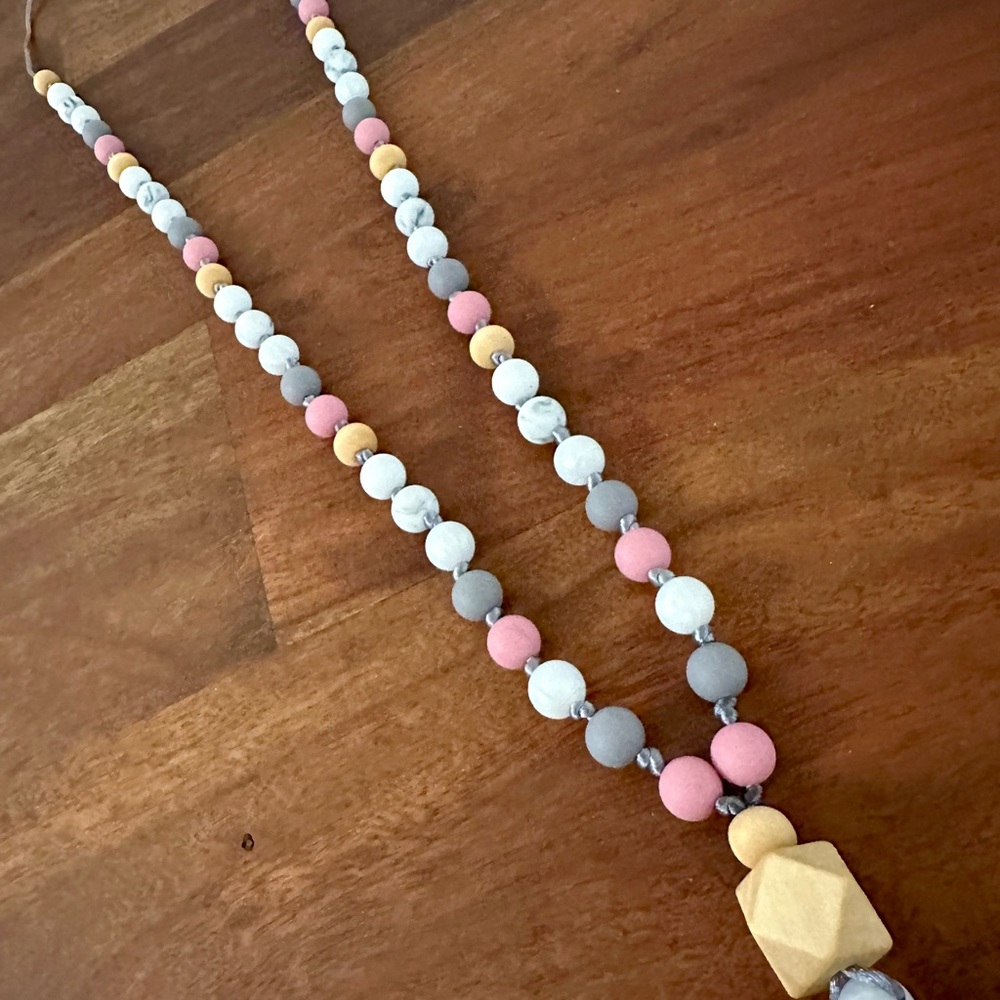 Teething necklace, all organic materials, pink/white w/wood. New Mom MUST HAVE